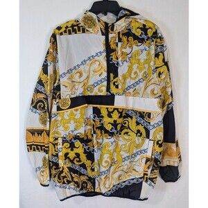 Reason Brand Baroque Chain Print Hooded Windbreaker Anorak Jacket XL Black Gold